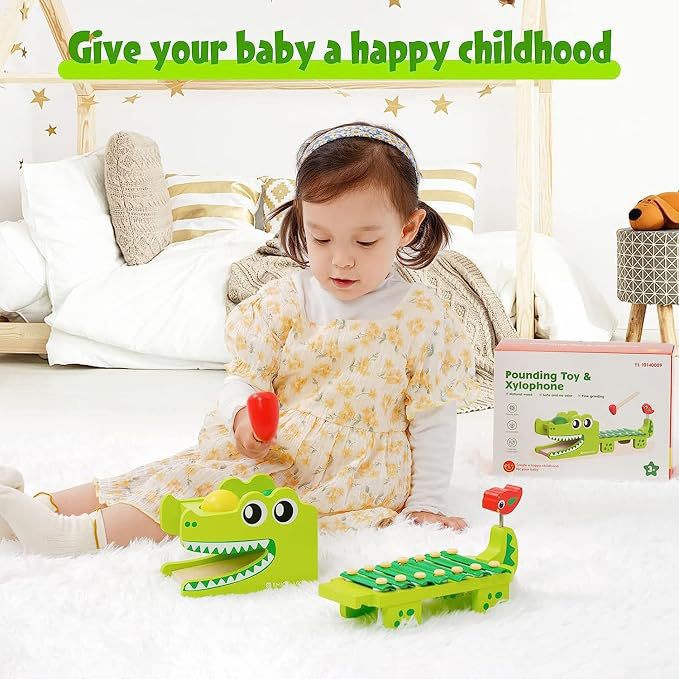 Kids Toys Xylophone - Montessori Wooden Crocodile Xylophone Toy, Ball